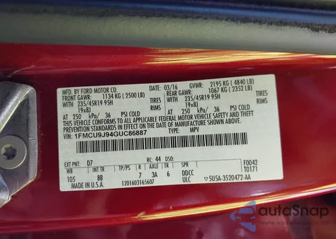 2016 Ford Escape Titanium from USA, damaged, VIN 1FMCU9J94GUC86887